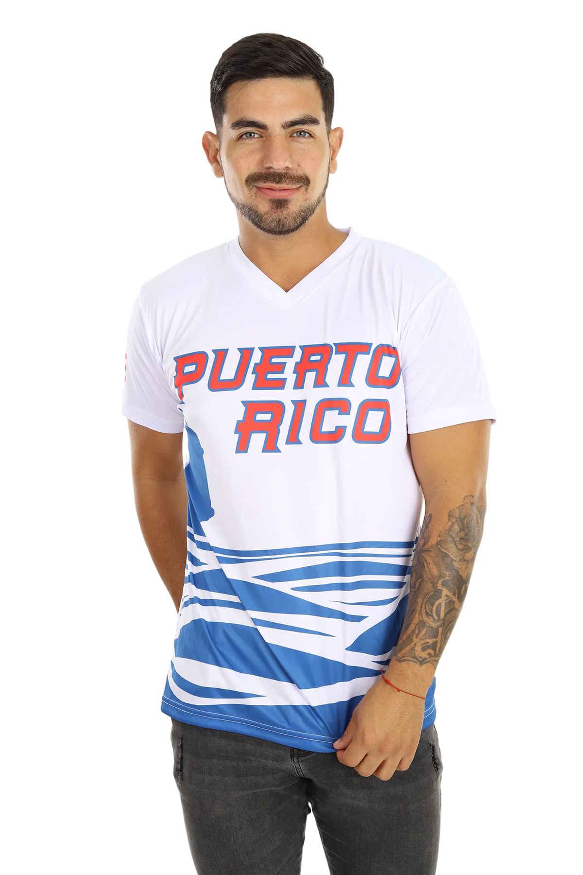 Man wearing a white t-shirt with 'Puerto Rico' printed on it, standing against a white background.