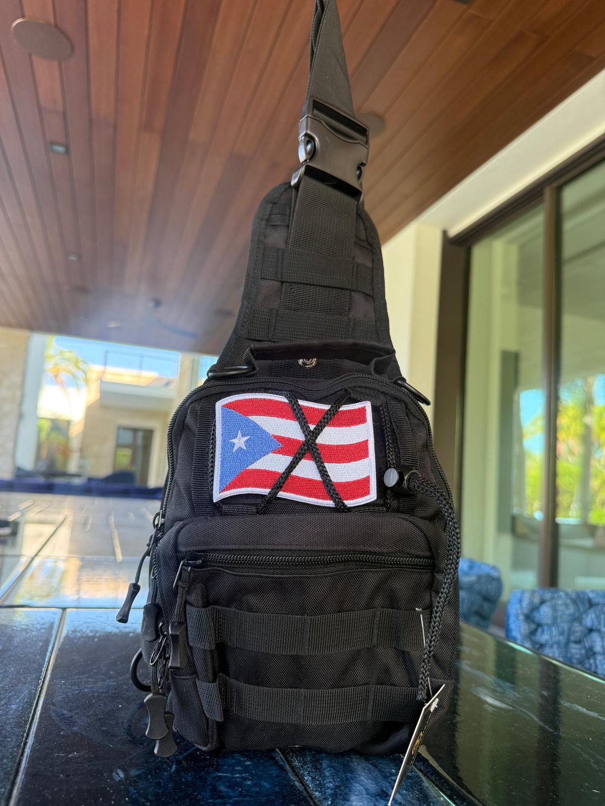 Tactical Sling Bag with Flag Patch – Black Water-Resistant Crossbody Chest Pack