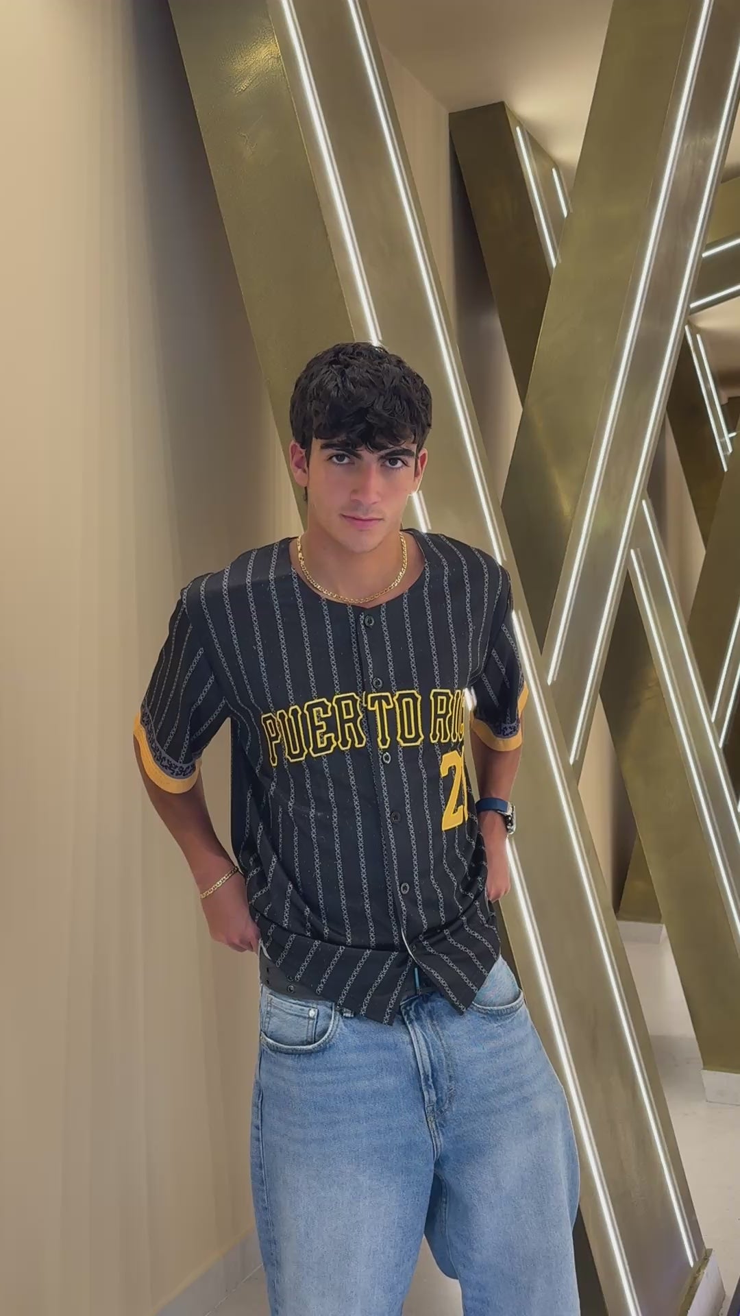Puerto Rico Coquí Baseball Jersey #21 – Black Pinstripe Button-Up Jersey