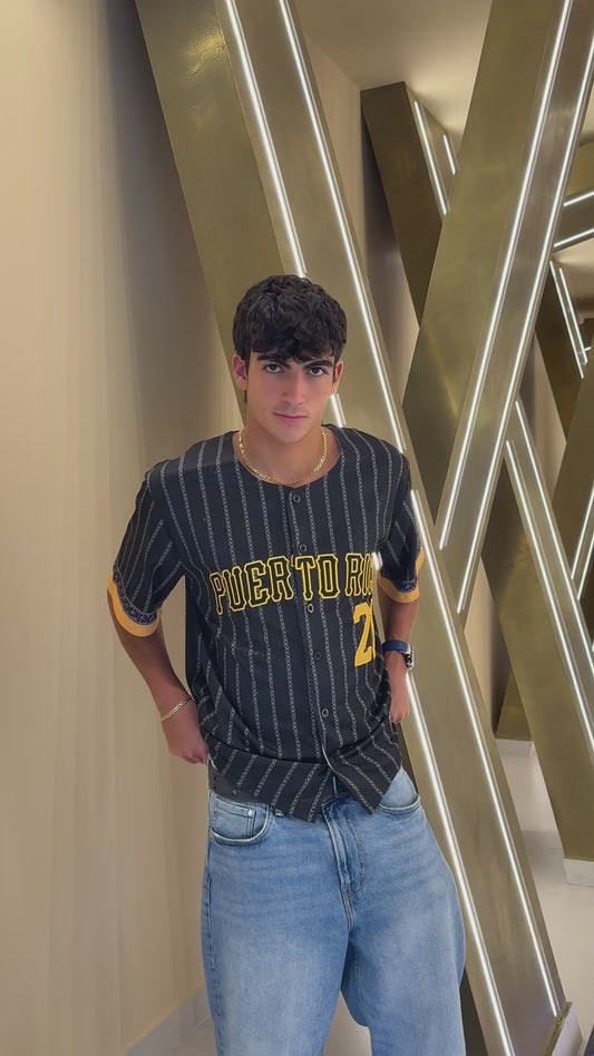 Puerto Rico Coquí Baseball Jersey #21 – Black Pinstripe Button-Up Jersey