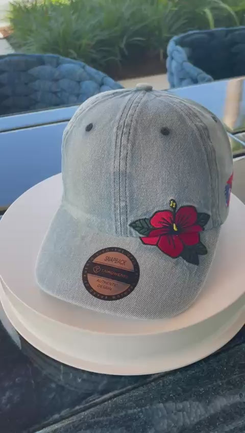 Puerto Rico Denim Flor Maga Hat - Embroidered Curved Brim Snapback Cap