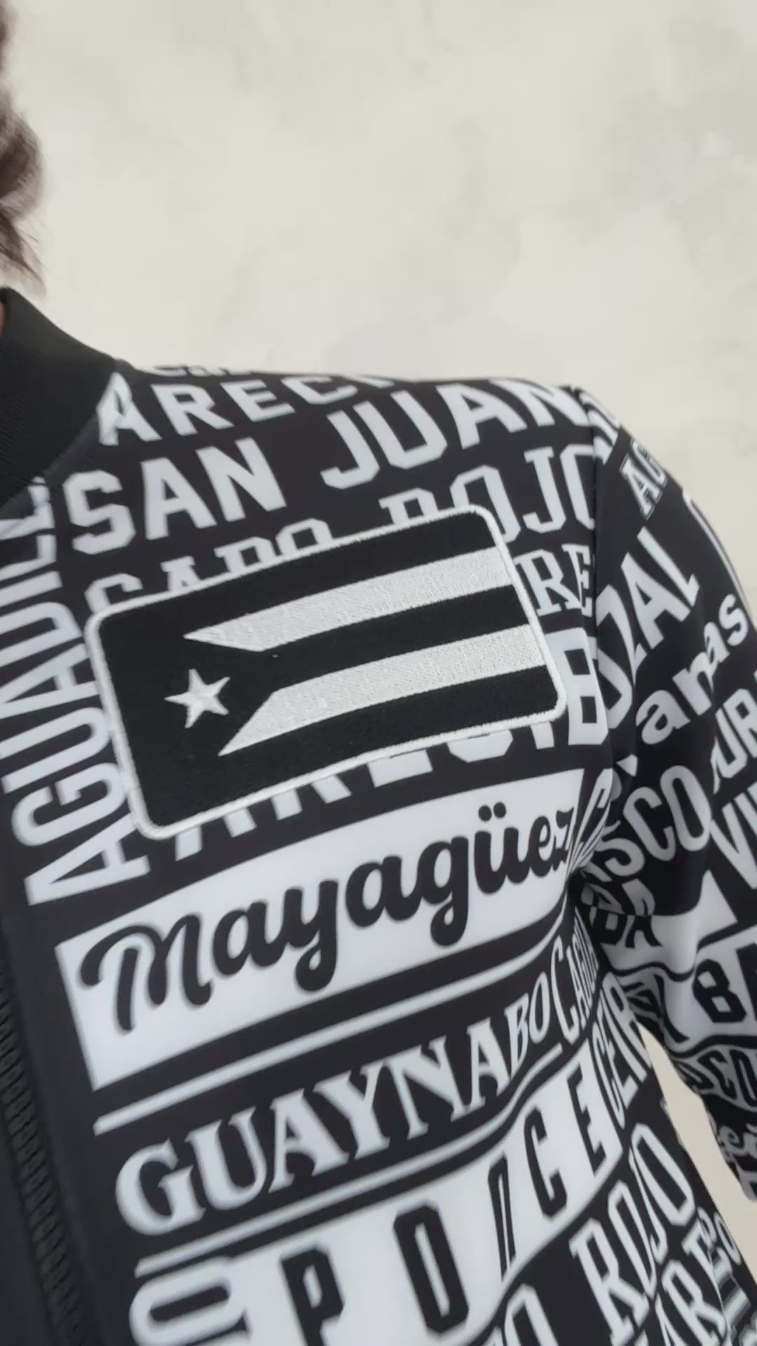 Puerto Rico 78 Pueblos Bomber Jacket | Black White Streetwear Jacket