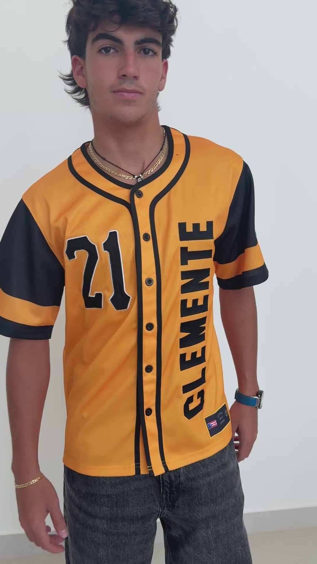 Clemente 21 Yellow Baseball Jersey – Puerto Rico Tribute Button Jersey
