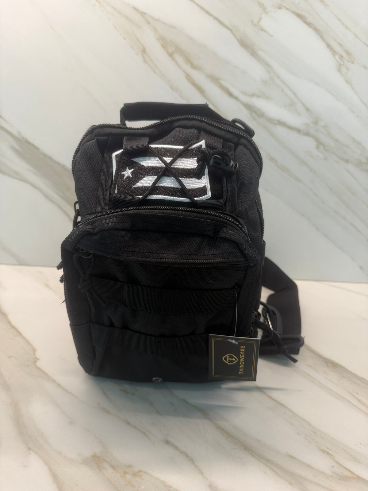 Black tactical sling bag with multi-flag patch option