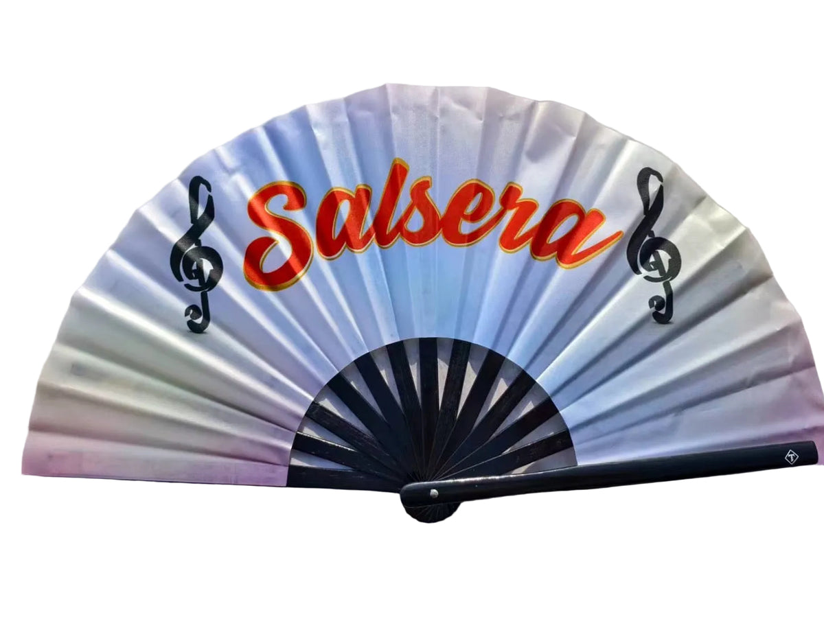 Salsera Folding Fan – Large Bamboo & Nylon Clack Fan with Music Notes | Tainowears®