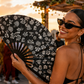 Puerto Rico Taino Symbols Large Folding Fan – Black White Bamboo Rib Clack Fan