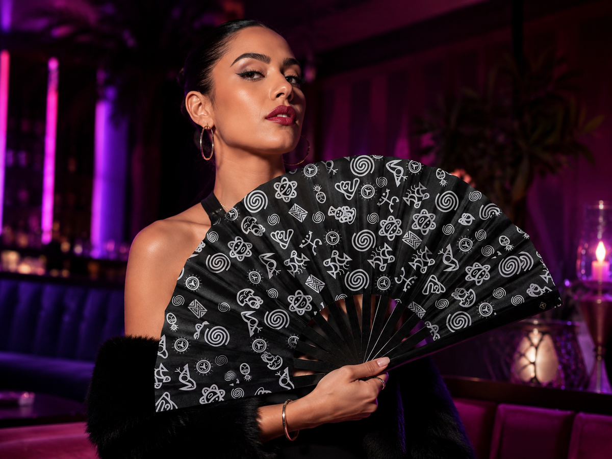 Puerto Rico Taino Symbols Large Folding Fan – Black White Bamboo Rib Clack Fan