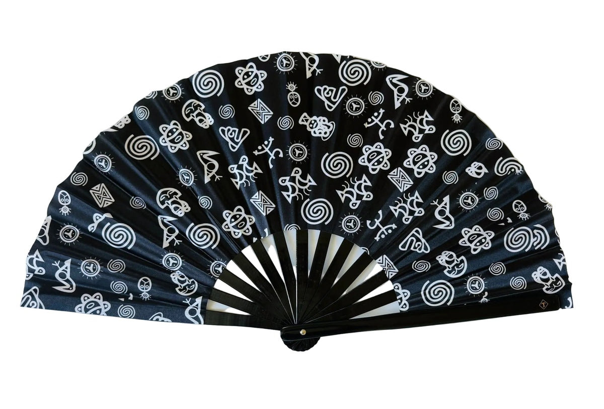 Puerto Rico Taino Symbols Large Folding Fan – Black White Bamboo Rib Clack Fan