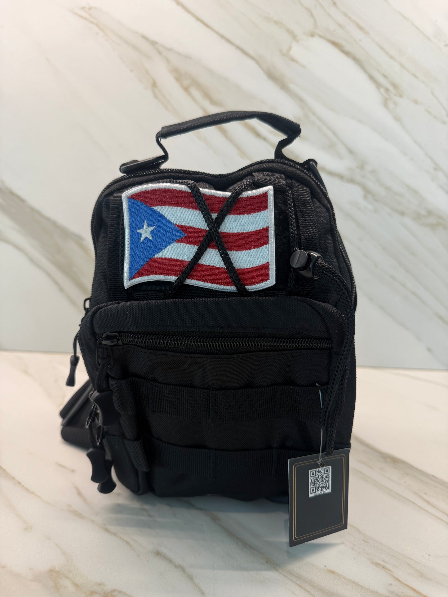 Tactical Sling Bag with Flag Patch – Black Water-Resistant Crossbody Chest Pack
