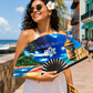 Model holding Puerto Rico Sun Boricua folding fan