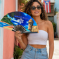 Bright Boricua clack fan with beach El Morro and Coqui artwork
