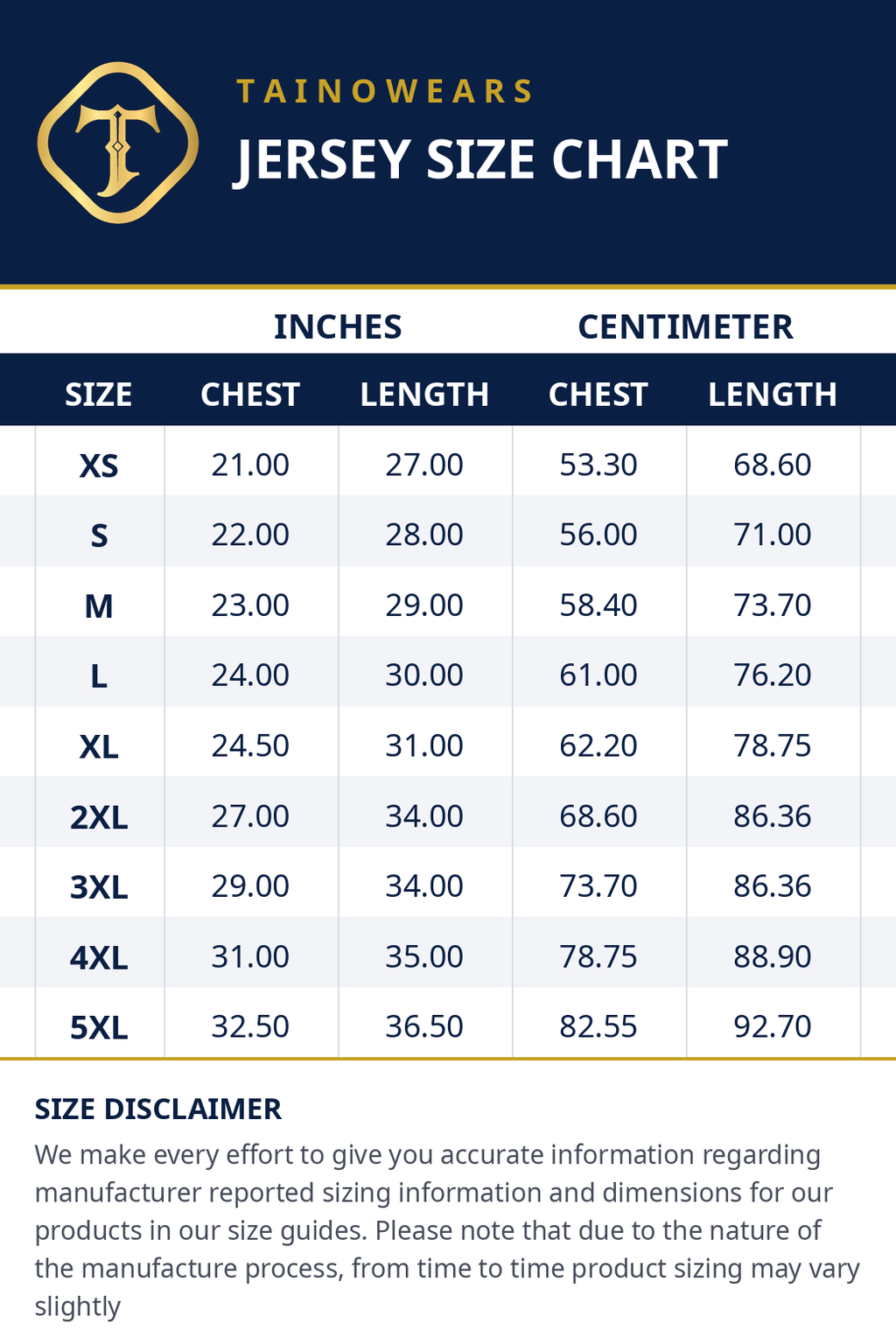 TainoWears Jersey Size Chart