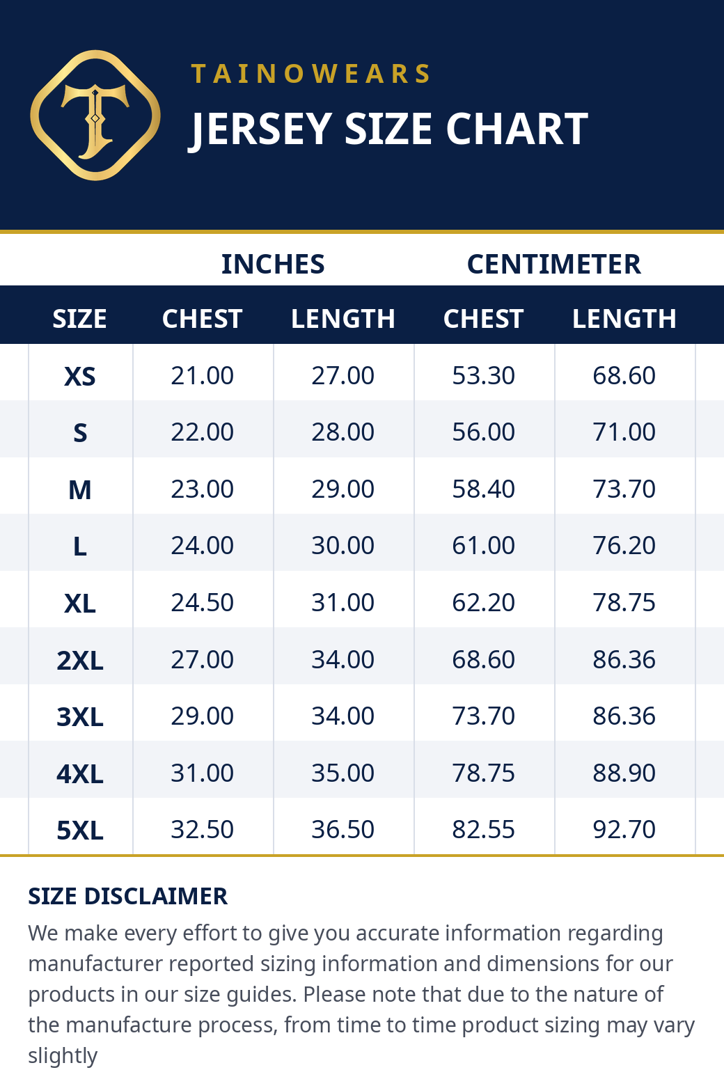 TainoWears Jersey Size Chart