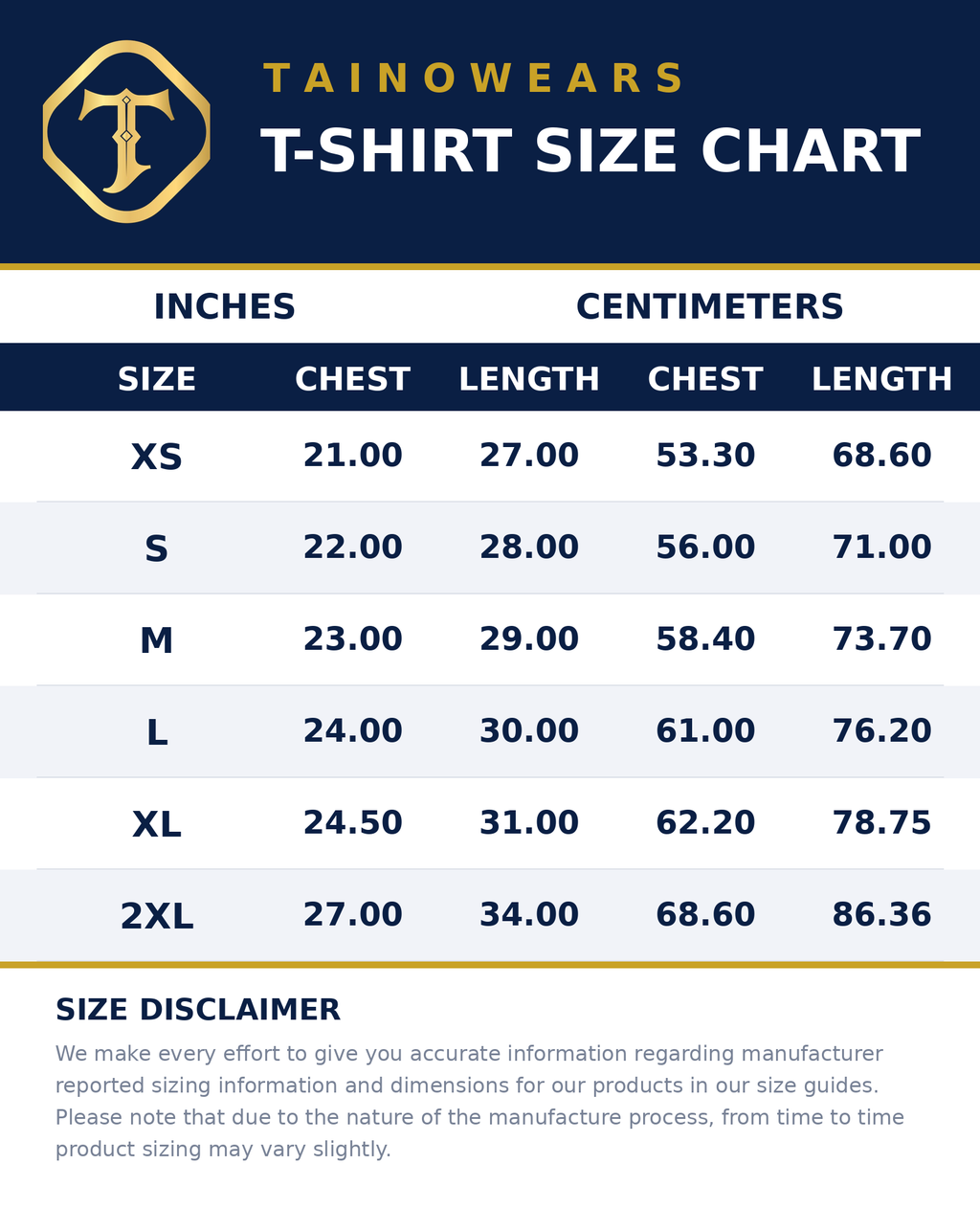 TainoWears T-Shirt Size Chart