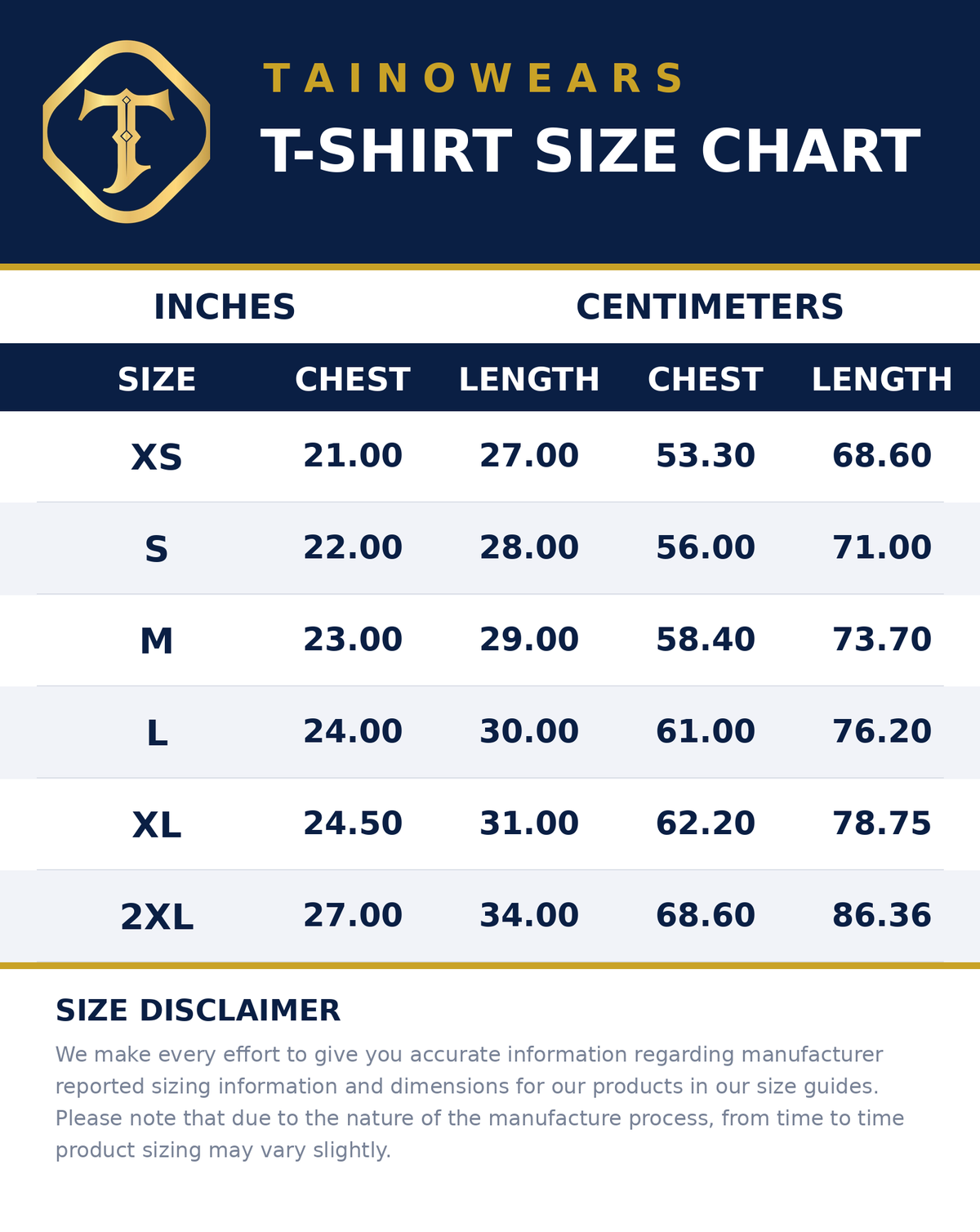 TainoWears T-Shirt Size Chart